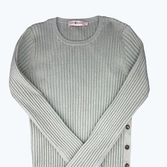 Tory Burch Lurex Stripe Metallic Ribbed Knit Side-Button Sweater Clear Mint M - Picture 3 of 14